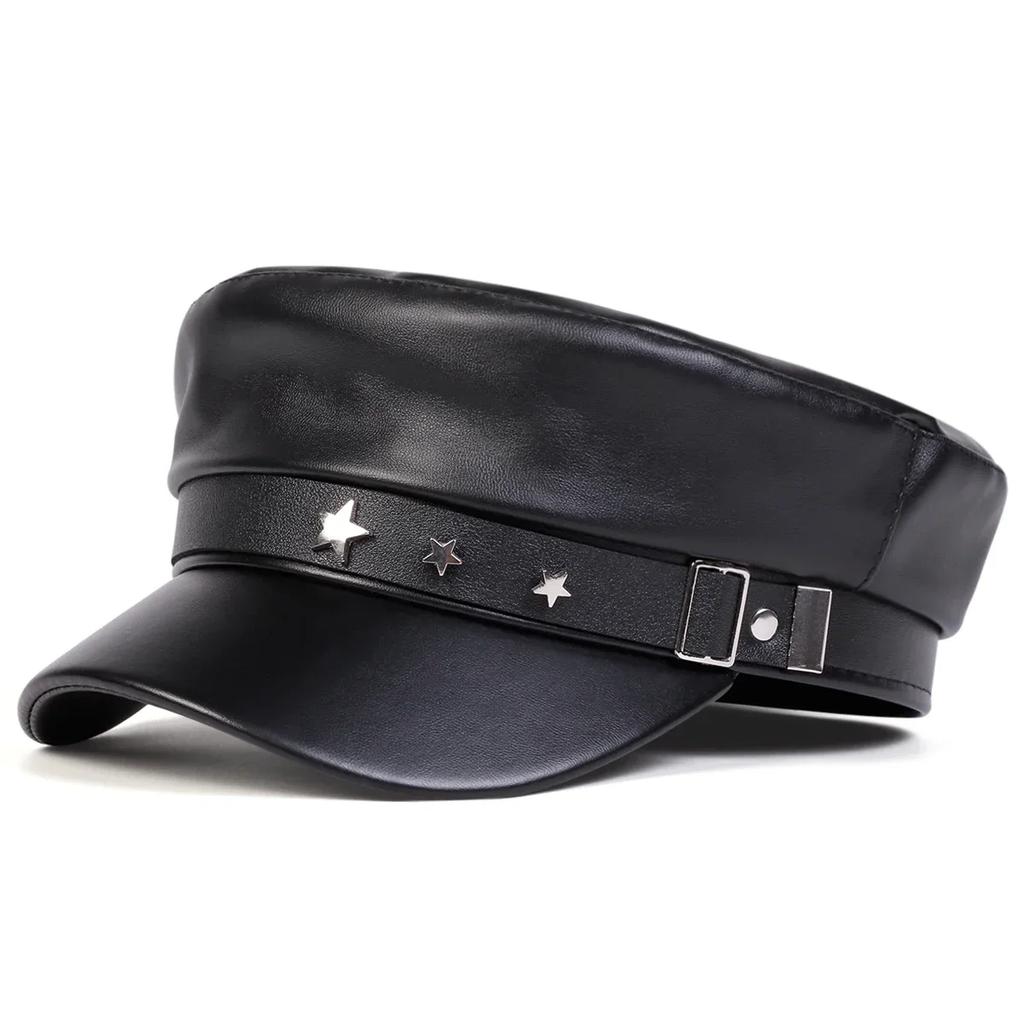 Unisex PU Leather Star Buckle Military Hats Flat Top Baseball Caps For Women Outdoor Sports Military Hats Cadet Sunscreen Hats