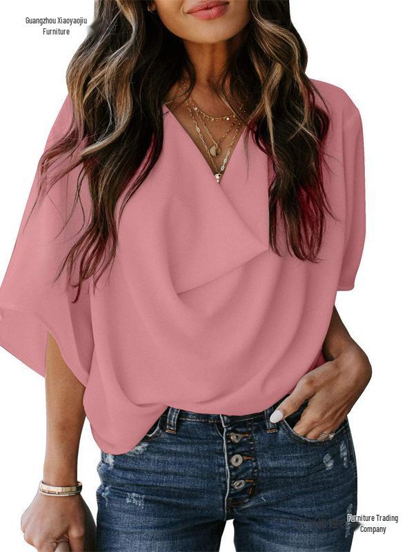 2026 Chiffon V-Neck Loose Casual Top - European & American Style Women's Shirt
