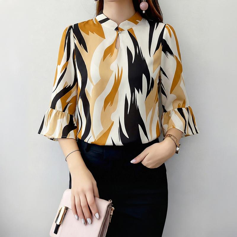 ZANZEA Women Casual Stand Collar Loose 3/4 Sleeve Print Blouse