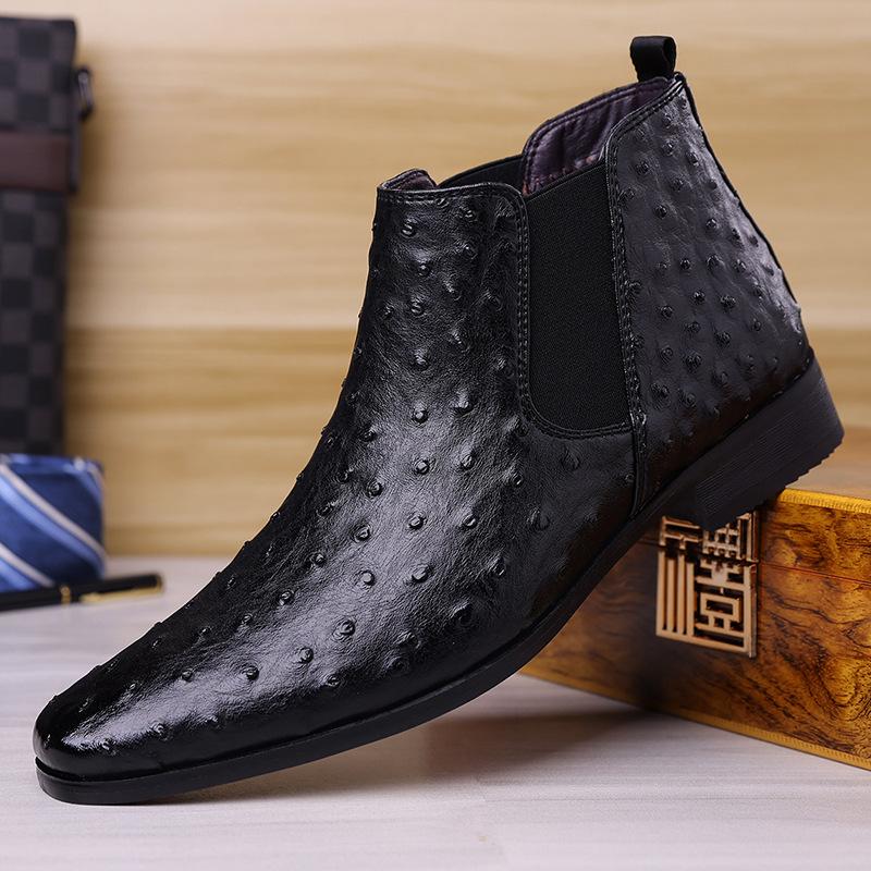 Designové Nové Pánské Špičaté Vzor Pštrosa Pu Kůže Ležérní Kotníkové Boty Chelsea Zimní Vysoké Šněrovací Boty Monk Strap Zapatos Hombre