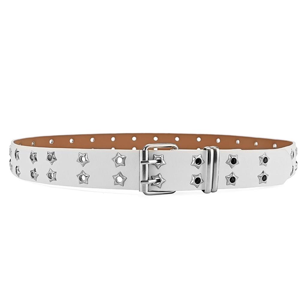 Lamerry White Double-Prong Studded Belt, Star Rivets, PU Leather, Approx. 110 × 3.3 cm, Unisex