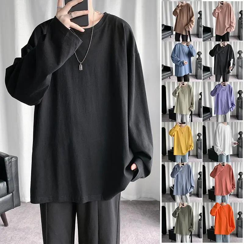 Loose Long Sleeved Sleeved T-shirt Men's Spring Autumn Pure Color Big Size Casual T-shirt