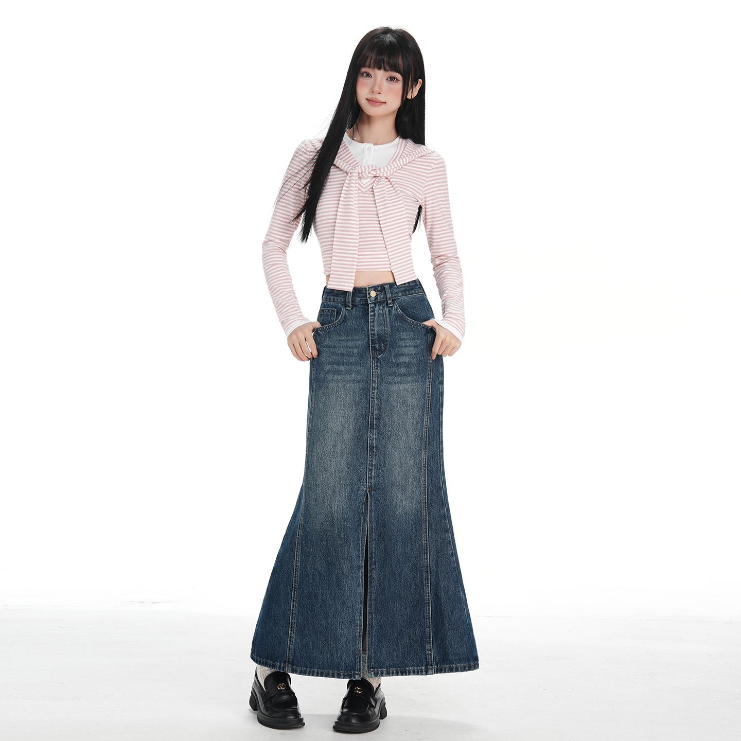 

Women s High-Waist Orange Silk Mermaid Skirt - Slimming Long Denim for Autumn/Winter 2025 Medium