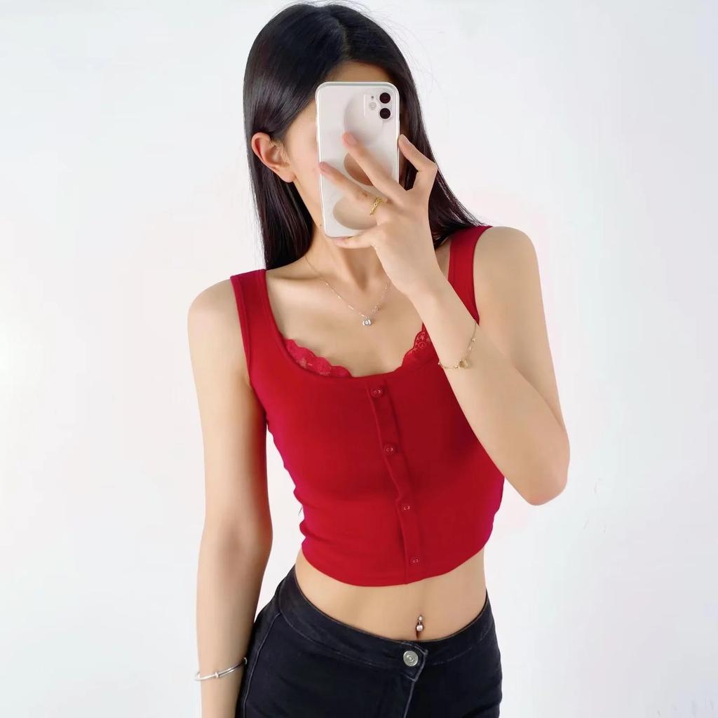 2024 Summer Lace Camisole Crop Top - Women's Sleeveless Round Neck Two-Piece Design