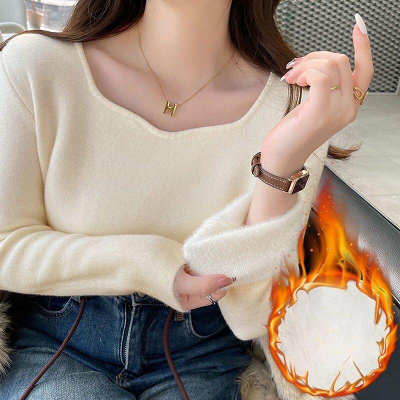 

Женский зимний цельный бархатный свитер с добавлением бархата. Стильный повседневный тонкий свитер с длинными рукавами на осень и зиму. XL бежевый