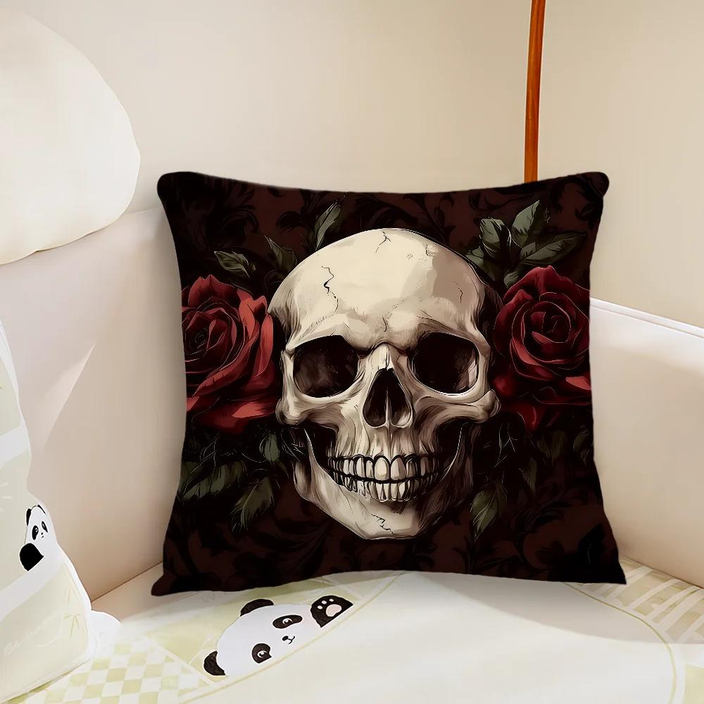 Edgy Skull Rose Cushion Cover Pillow Case Plush Fabric Soft Double Sided Print Sofa Cushion Cover Throw Pillow Covers