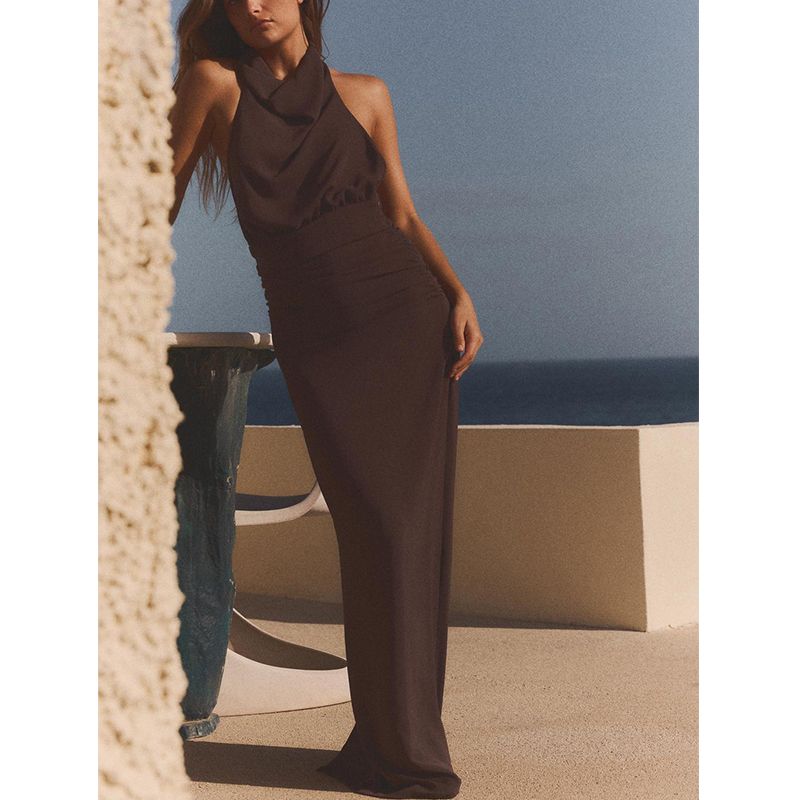 Spring and Summer Women's Clothing French Style Slit Hemline at Hem Pleated Decoration Open Back Hanging Collar Long Dress 2967266