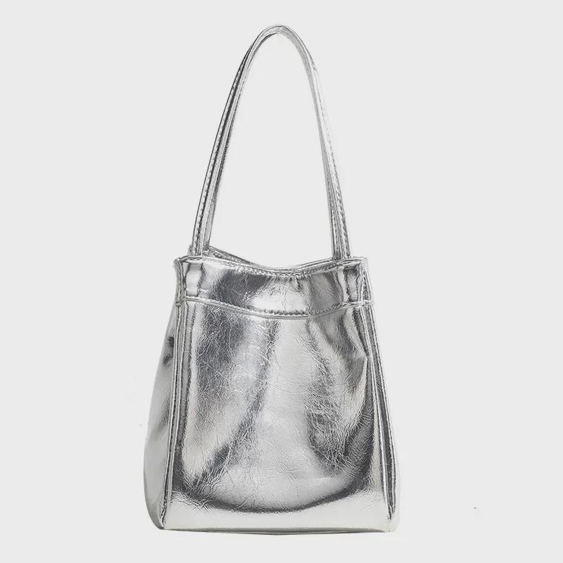 2025 Spring/Summer Women's Silver Leather Lunch Handbag – Small Square & Vegetable Basket Design