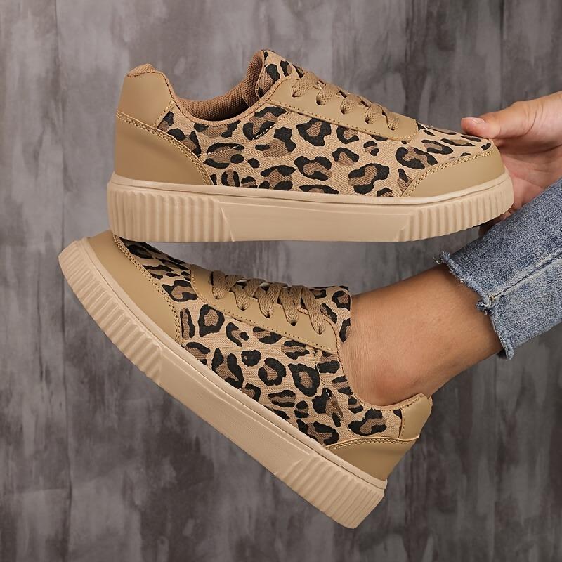 [Leopard Print Sneakers] Women's Beige&Black Low-Top Platform Sneakers Lace-Up Cushioned Breathable All-Season Casual Sports