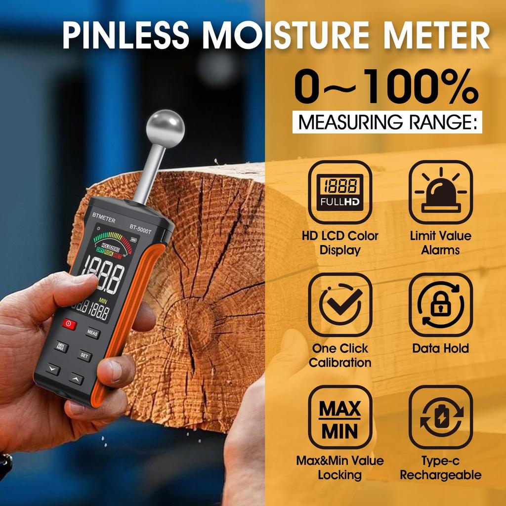 Digital Pinless Moisture Meter with Ball Probe & Color LCD 0~70% RH Range, Alarm Function for Wood/Walls/Concrete/Masonry/Gypsum