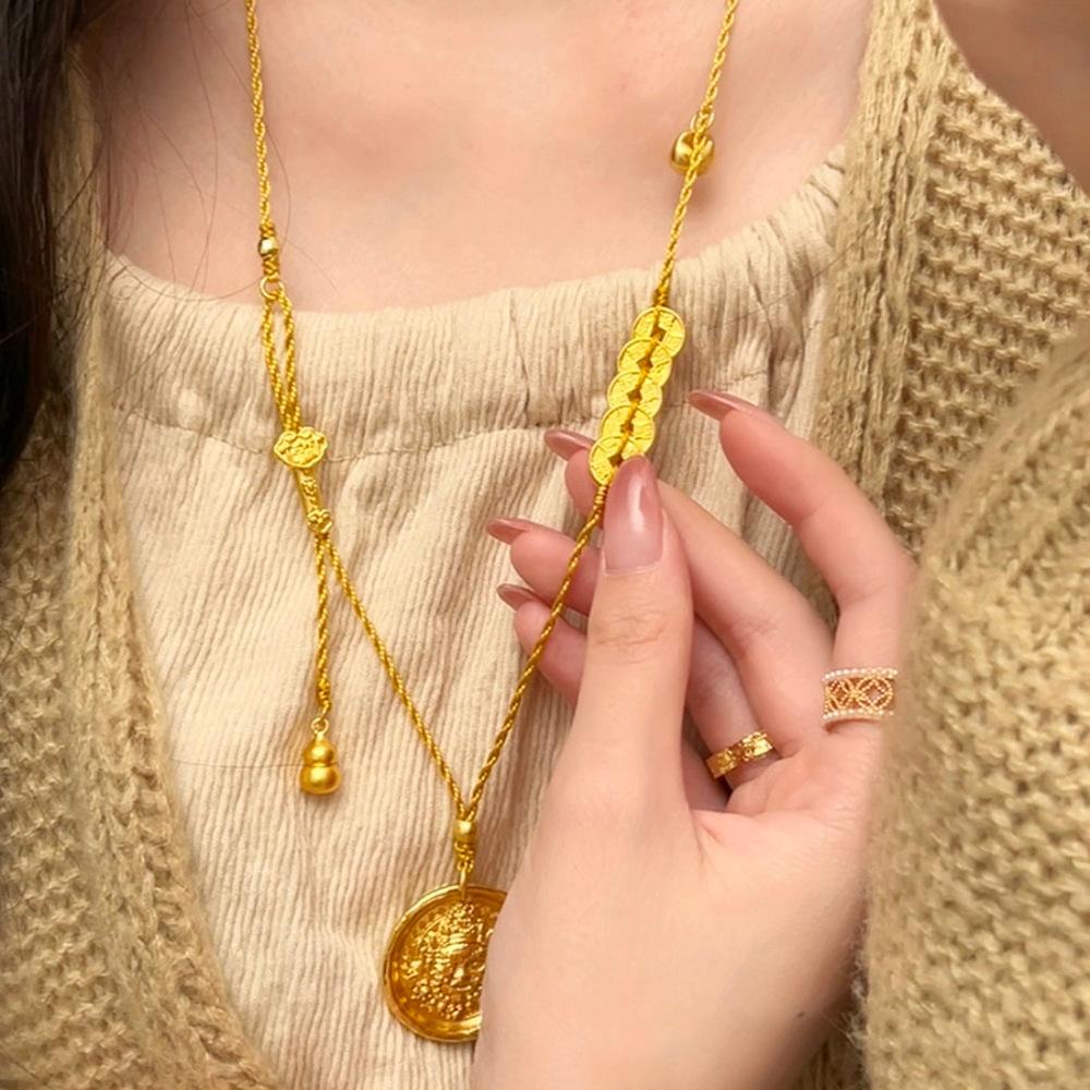 Ancient Yellow God of Wealth Qing Dynasty Five Emperors  Coins Necklace Temperament New Woven Gourd Tassel Elegant