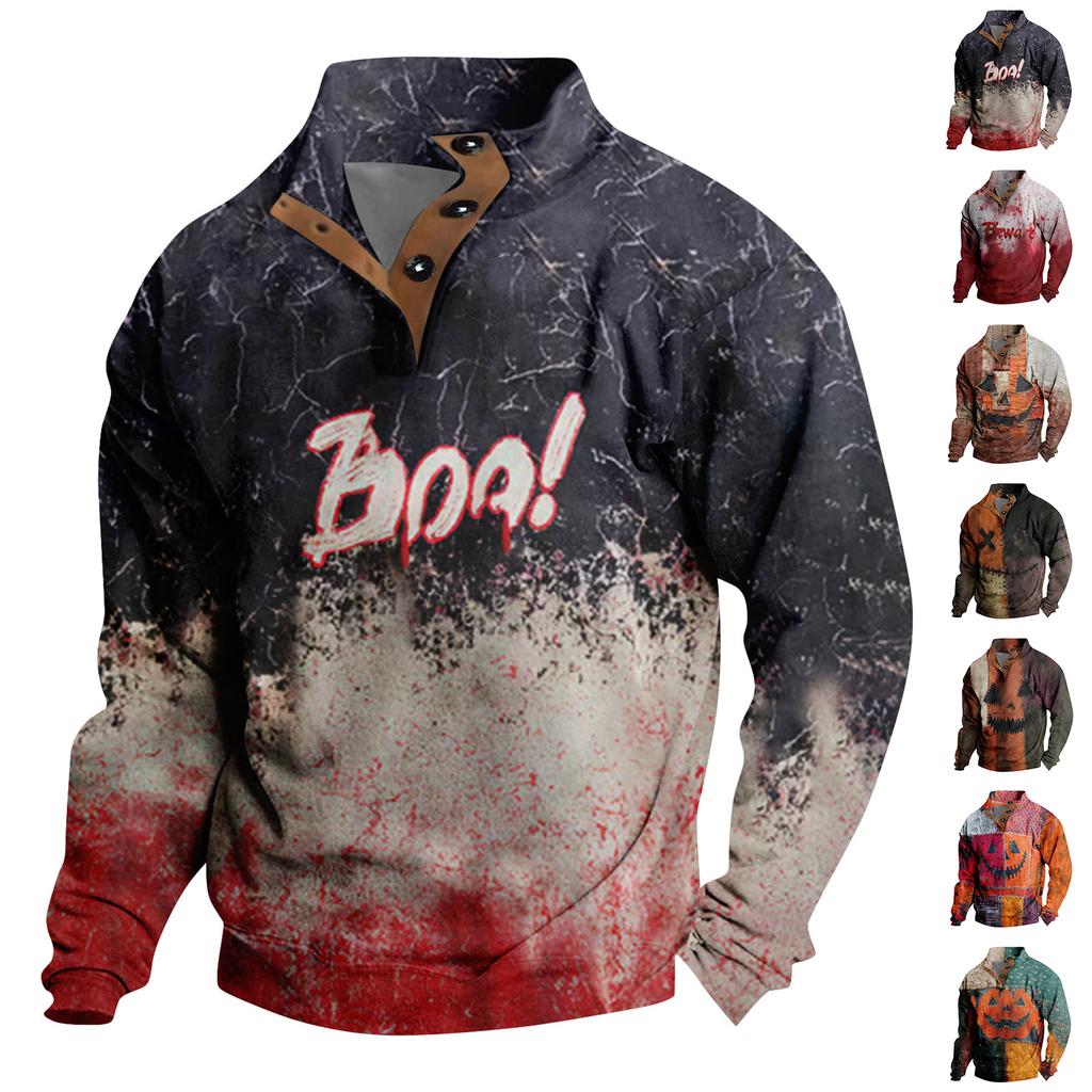 Men's Casual Fashion Christmas Printed Hoodless Sweatshirt Wide Men's Loose Button Stand Collar Hooded Sweatshirt