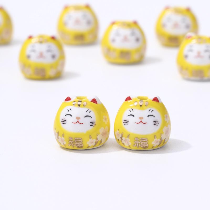 Ceramic Lucky Cat DIY Bracelet Pendant - Vertical Hole Beaded Charm Daruma Cat Accessories