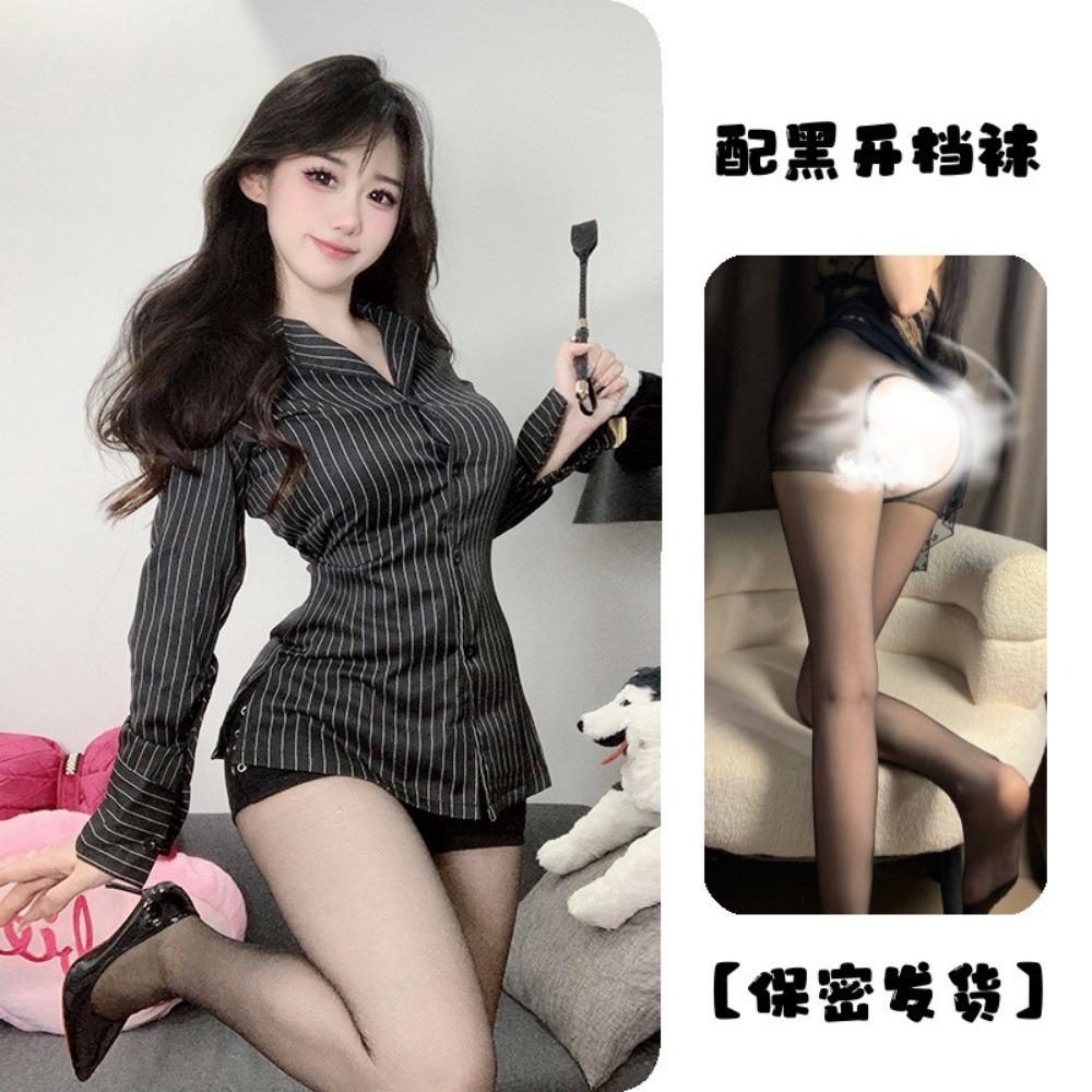 Secretary Teacher Wear Sex Underwear Boyfriend Shirt Long Sleeve Striped Slim-fitting Versatile Medium and Long Skinny Autumn Waist