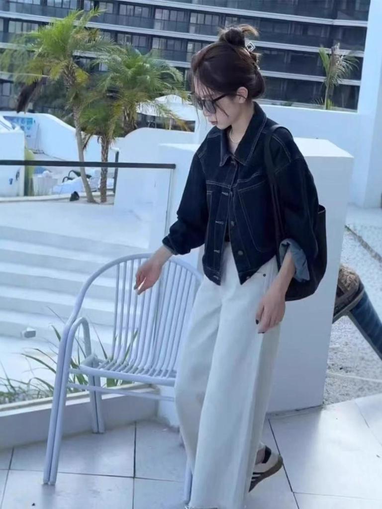 Deep Blue Short Denim Jacket for Women - Korean Style Slim Fit with Casual Pocket Design