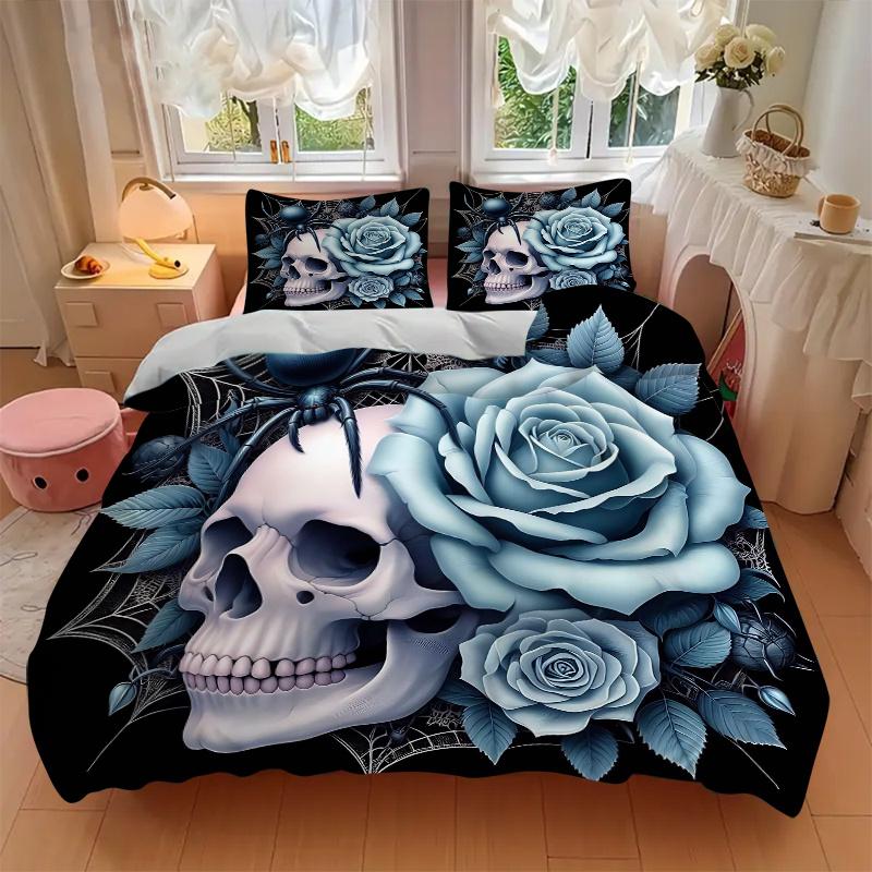 3-teiliges Blau-Rose und Spinne Bettwäsche-Set - Weiches & Bequemes Polyestergewebe, Ganzjahres-Atmungsaktives Bettdecken-Set Für 1 Bettbezug & 2 Kissen