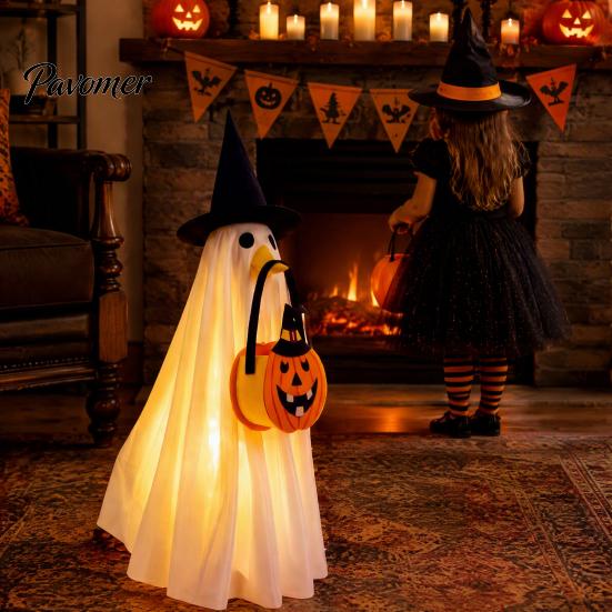Easy to Wear Halloween Set Glowing Ghost Costume with Witch Hat & Pumpkin Tote Bag, LED Reusable Festival Clothing Light Up Fabric Outfit for