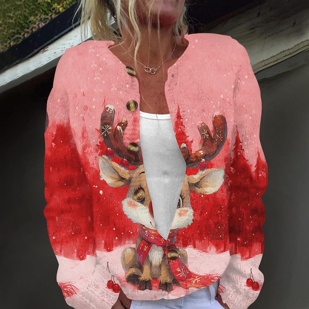 Damenmode, weihnachtlich bedruckt, langärmelig, Strickjacke, Button-Down-Jacke