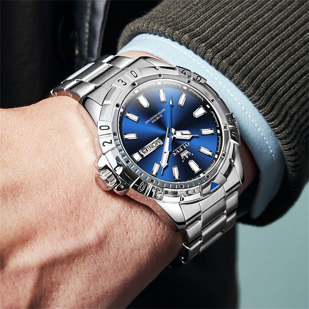 OLEVS Men's Quartz Watch - Multi-Function, Stainless Steel, Water-Resistant, Luminous, Date Display, Analog (Blue)