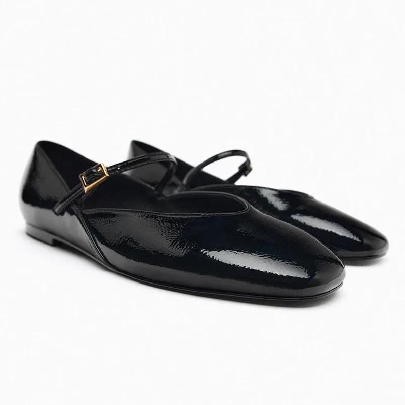 New  Spring Designer Red Women Ballet Shoes Casual Round Toe Flats Buckle Patent Leather Female Dress Shoes