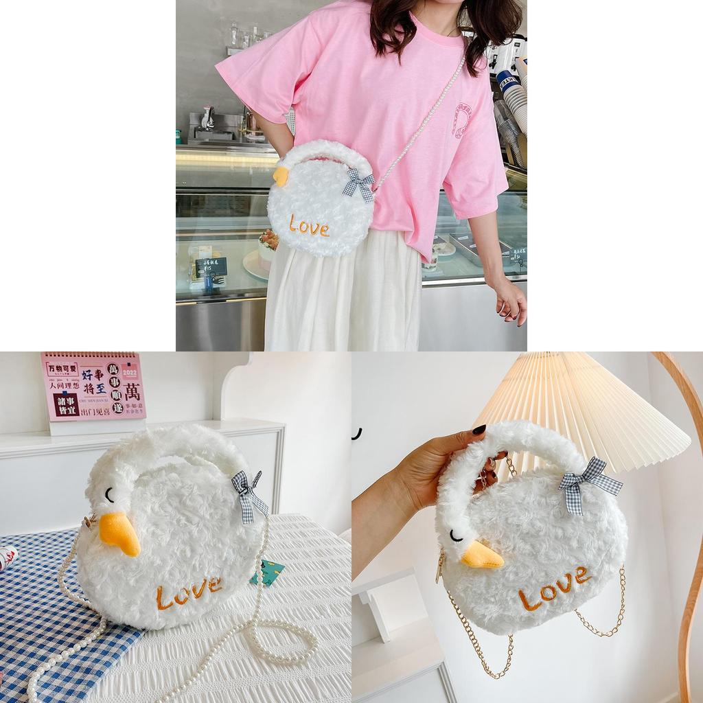 Cute Cartoon Plush White Goose Mini Shoulder Bag With Zipper Closure For Girls