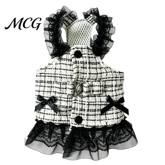 Dog Dress No Harness Needed Sleeveless Tweed Dress, Ruffled Pet with Lace Breathable Mesh Apparel Trim, Cute Summer for Small Dogs