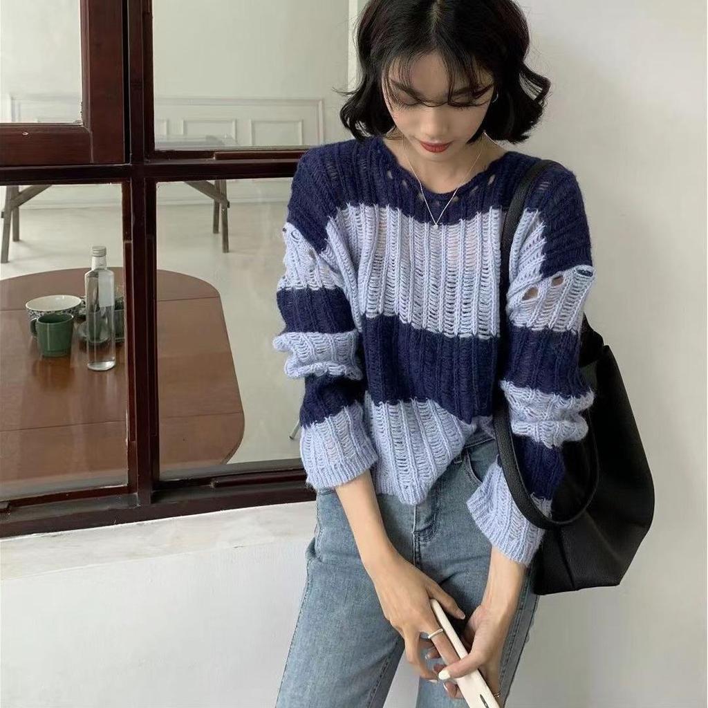 Splicing Design Sense Niche Loose Stripes Hollow Knitted Sweater Women's Spring and Summer Sweet and Gentle Sunscreen Sweater Long-sleeved Top