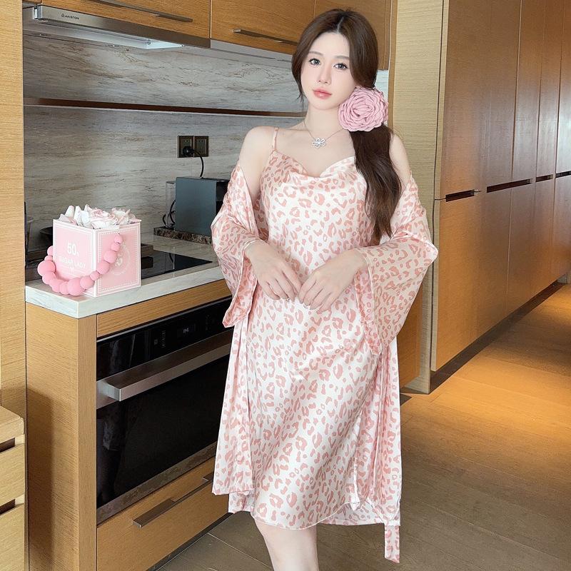 Spring and Summer Ice Silk Nightgown Sexy Suspender Women's Pajamas Thin Nightgown Printed Homewear Bathrobe Two-piece Set