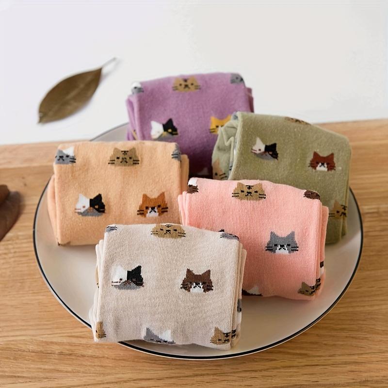 5 Pairs Women's Socks - Cute Cat Face Design, Autumn/Winter, Animal Pattern, Cute Socks, Cozy Home Wear, Winter Warm Socks,Comfortable Sock Material