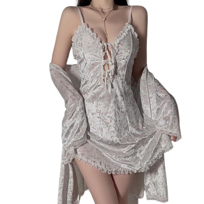 Women's Velvet Print Cutout Tie Padded Sleep Dress with Robe Lounge Set