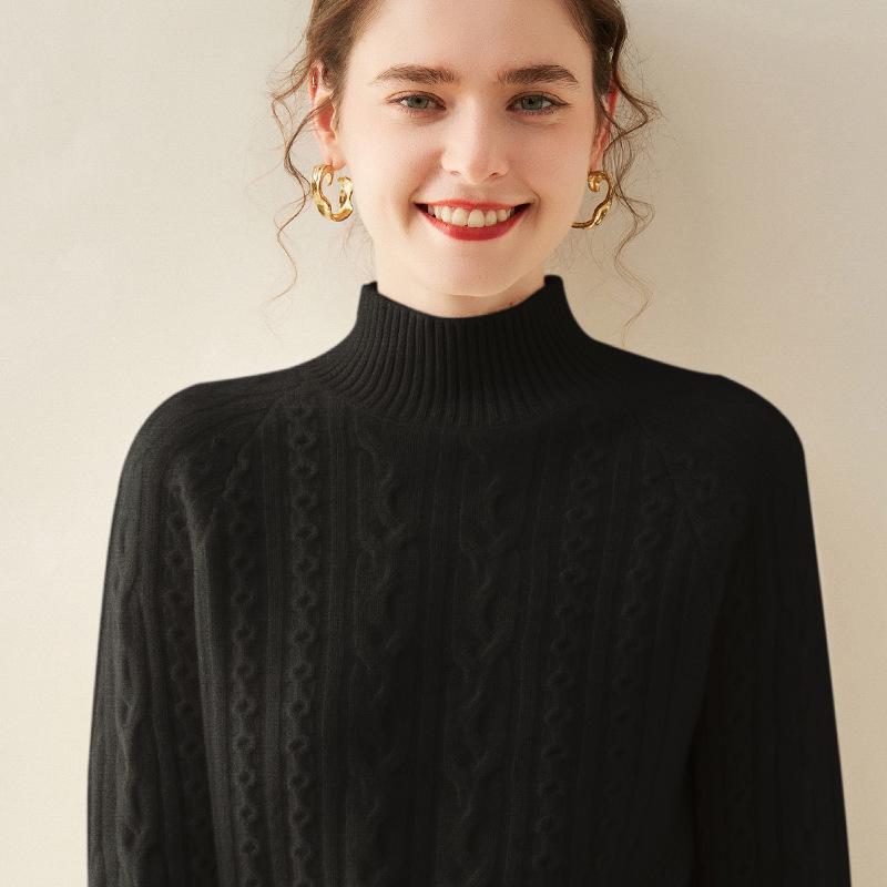 Women's Cashmere Cable Knit Sweater, Half-High Neck, Thick, Slimming, Loose Fit, Warm Base Layer for Autumn and Winter.