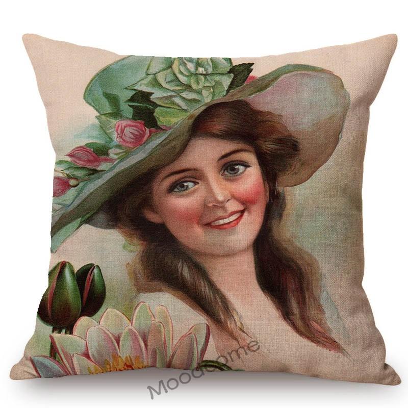 European Royal Court Victorian Era Lady Hat With Flower Elegant Sofa Throw Pillow Cover Classic Vintage Linen Decor Cushion Case