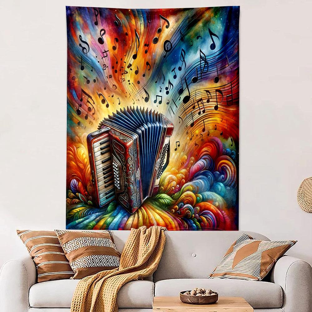 Colorful Accordion and Music Explosion Patterned Tapestry Decorative Wall Hanging, Home Bedroom Living Room Decor