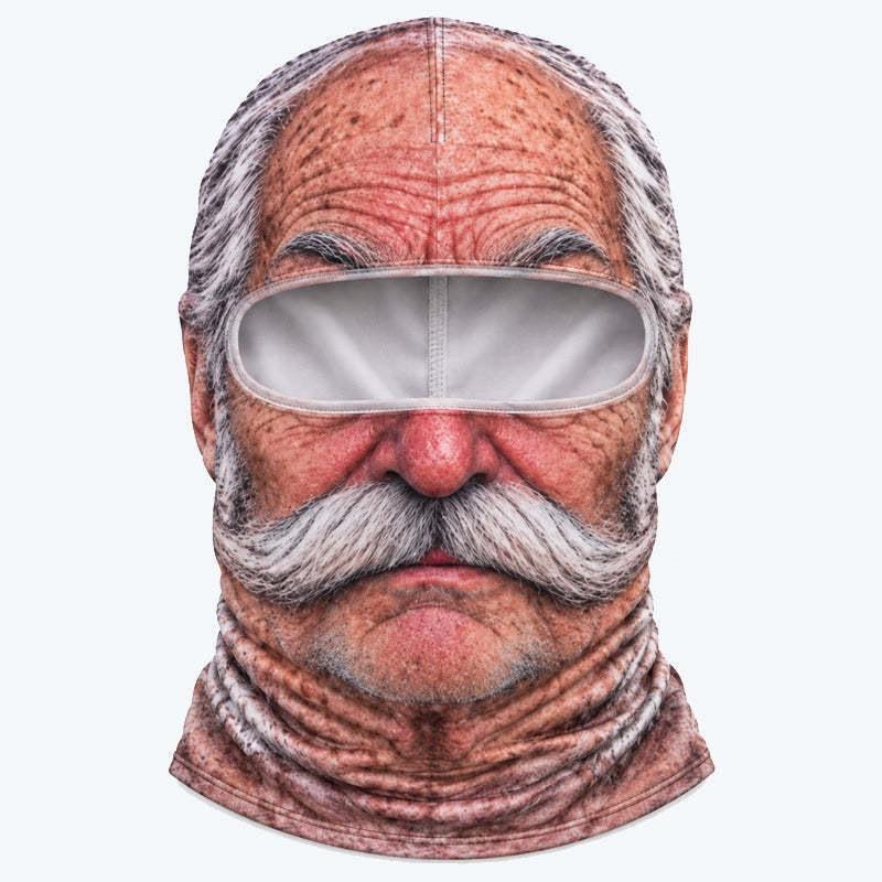 Maschera Facciale Traspirante a Copertura Totale con Stampa 3D di Vecchio, Fori per gli Occhi Bianchi, Baffi Bianchi, Maschera da Sci Elastica con Cappuccio