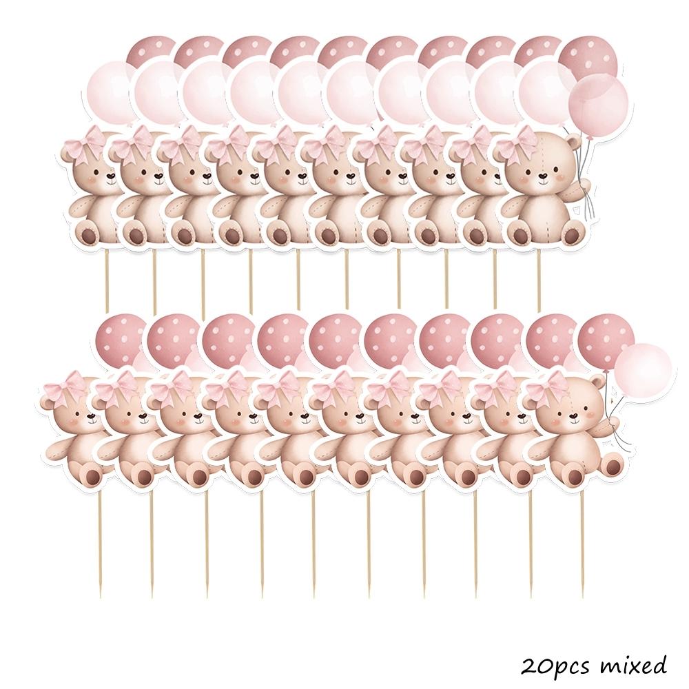 20pcs Balloon Bear Toppers Carton Cupcake Topper for Kids Baby Shower Bear Happy Birthday Party Decorations DIY Cake Supplies