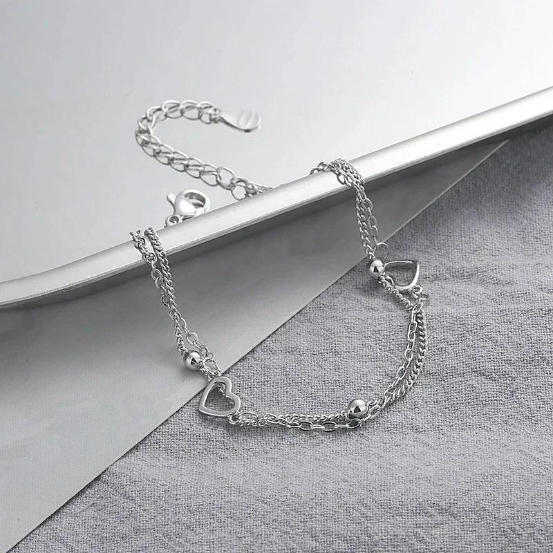 925 Silver Double Love Heart Hollow Beads Bracelet Adjustable Romantic Jewelry Gift for Women Fashion Classic