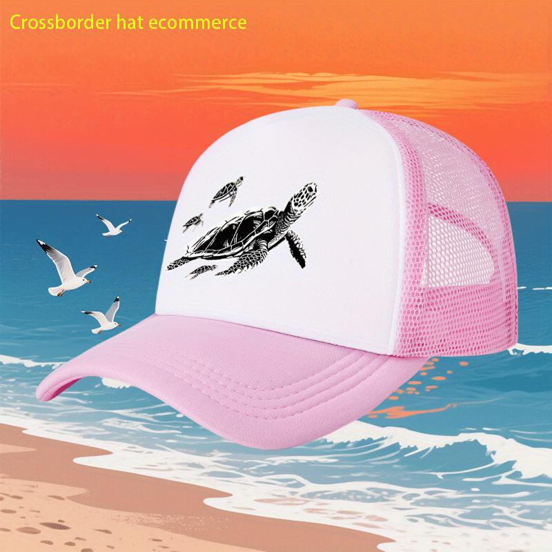 Sea Turtle Print Mesh Trucker Hat Unisex Polyester Breathable Adjustable Casual Beach Cap