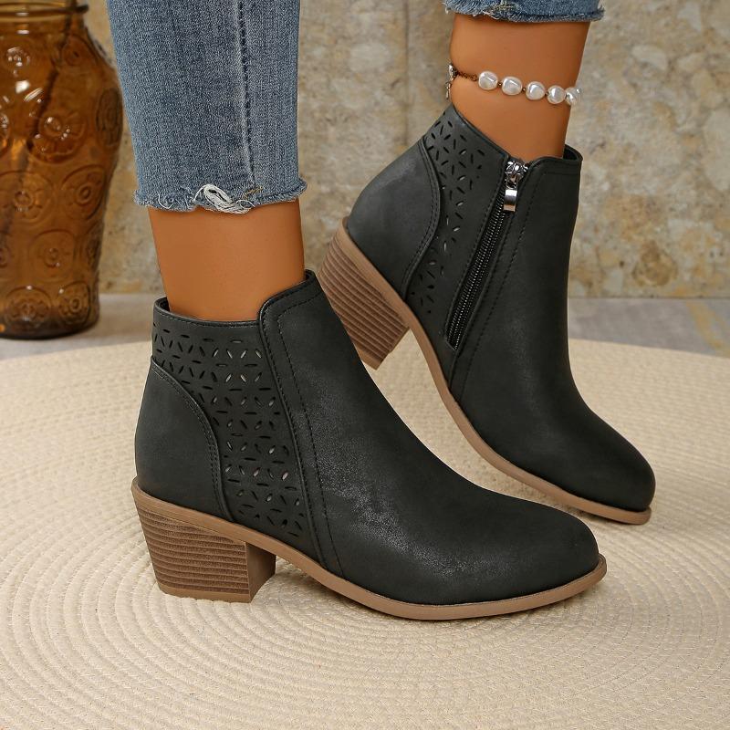 Stivaletti da Caviglia da Donna Vintage Slip-On con Tacco Basso Largo a Blocco, Punta Mandorla Punta Tonda, Stivali Invernali con Tomaia e Fodera in PVC, Beige/Marrone Caramello/ Blu/Scuro