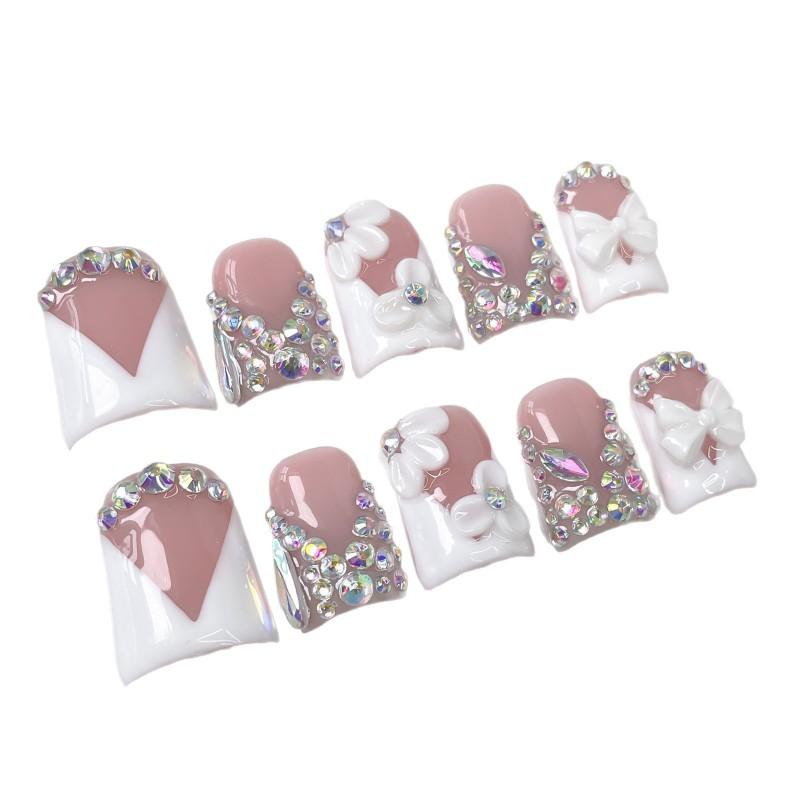 Short Duckbill Press-On Nails With Floral Bow Design Ice-Transparent French Style 3D Embellished Full Rhinestone Sparkle Nail Tips