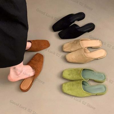 Fashion 2025 New Summer Suede Low Heels Slippers Women Square Toe Leather Casual Slippers Female Daily Walk Slippers Mules Sandals