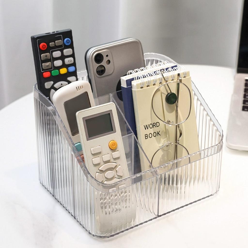 1pc Transparent desktop storage box for home use, with compartments, remote control, makeup brush organizer