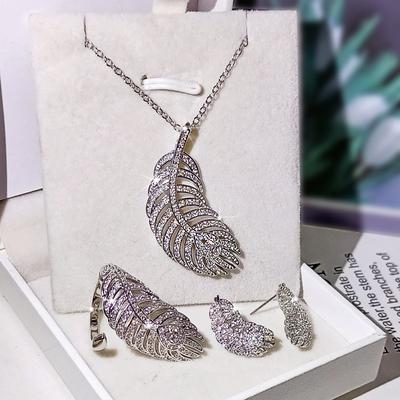Natural Micro Set Zircon Delicate Peacock Feather Ring Earrings Necklace Evening Dress