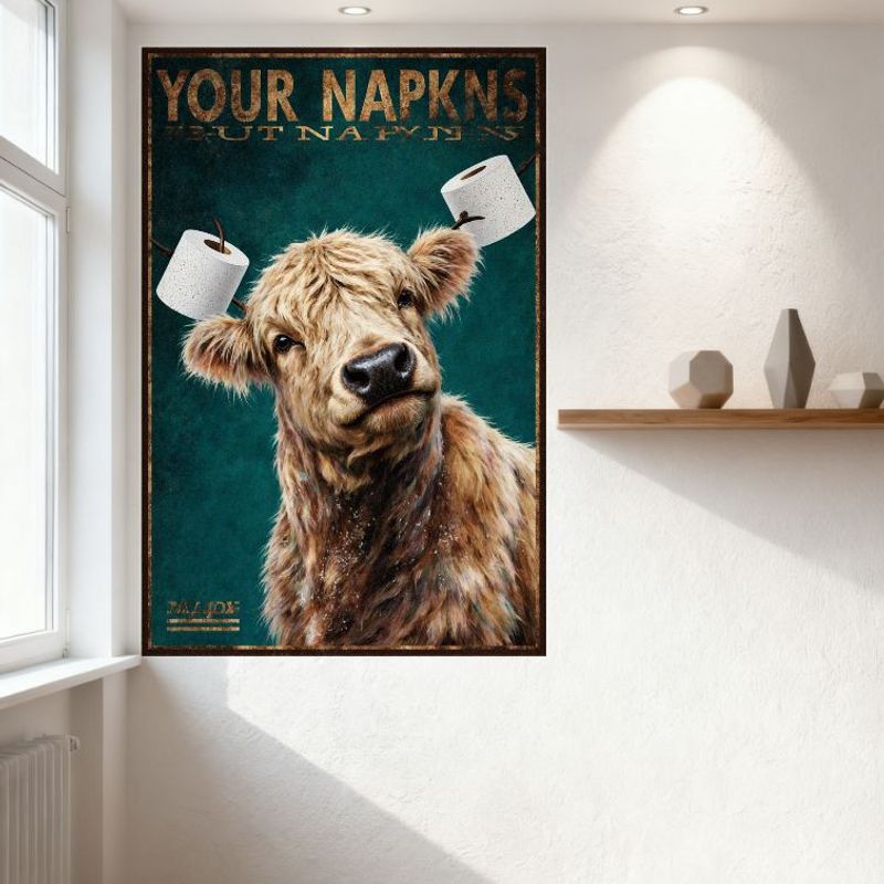 Humorous Highland Cow with Toilet Paper Horns Teal Background Vintage Metal Tin Sign for Bar Home Wall Decor Rustic Art Poster 8