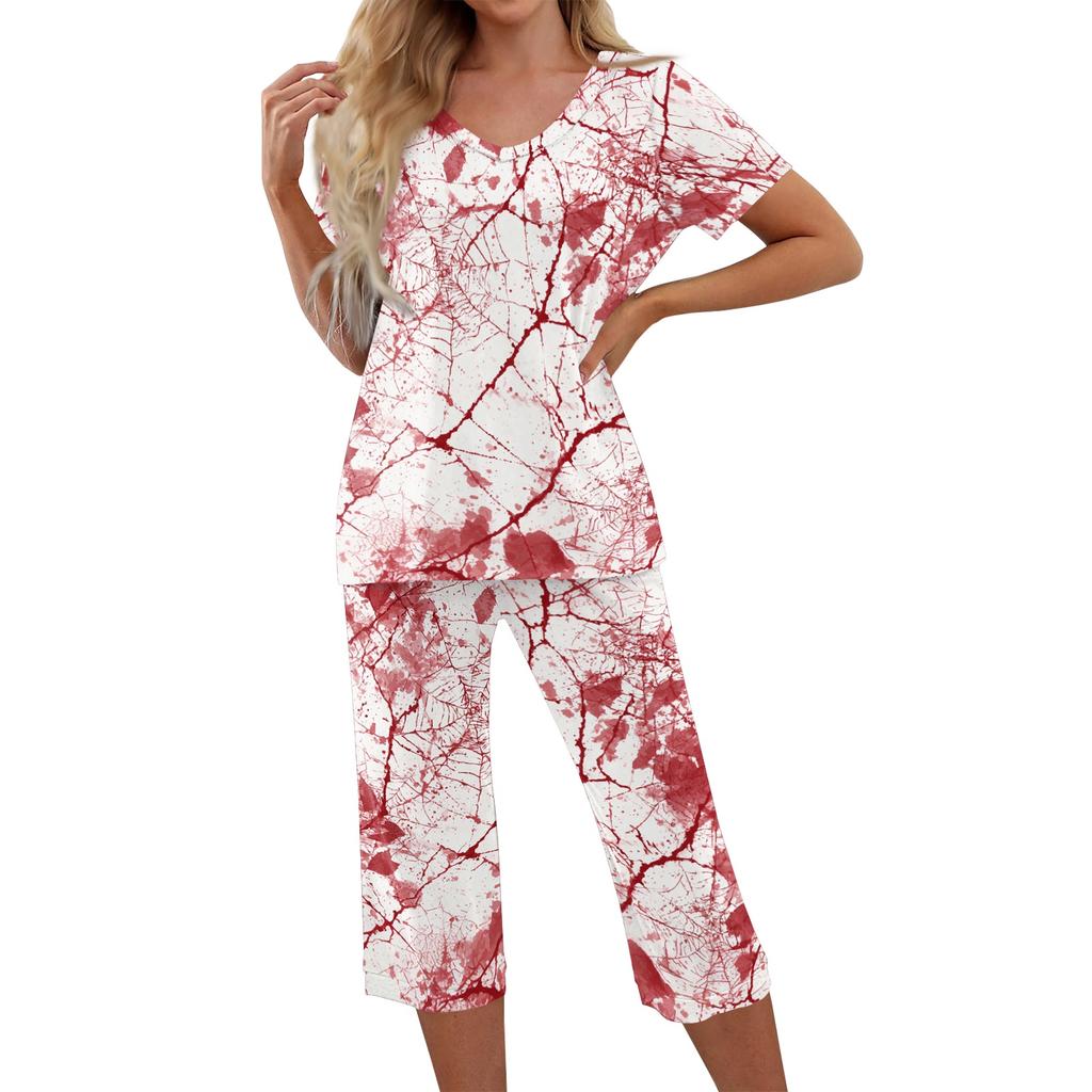 Women's Two Piece Set Short Sleeve Top and Capri Pants Casual Lounge Wear Halloween Floral Print Spider Web Pattern Soft Fabric