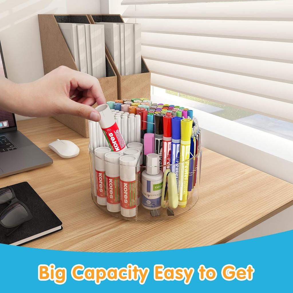 Acrylic Pen Holder, 360 Degree Rotating Pen Organizer, Rotating Desk Acrylic Office Organizer with 6 Compartments, Marker Organizer for Kid, Crayon