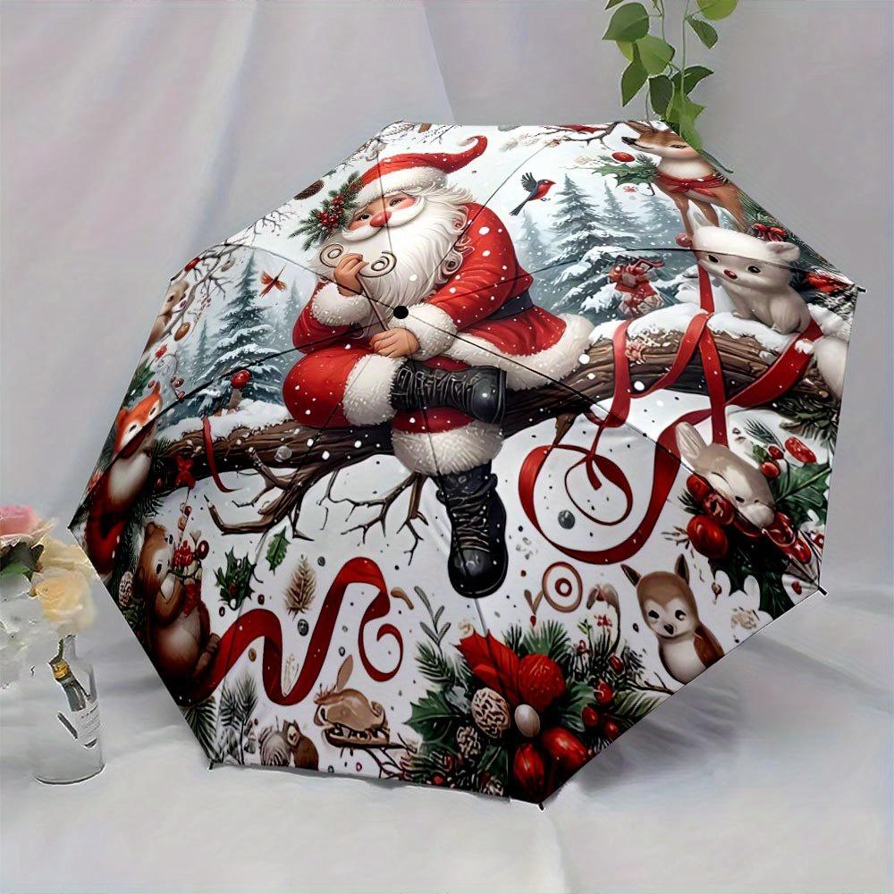 Automatic Opening/Closing Umbrella with Santa Claus & Woodland Animals - Automatic Folding/Opening, 8-Rib Sturdy Frame, Compac