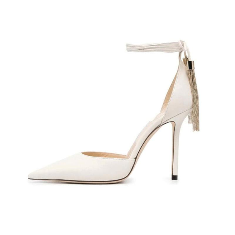 Fashion Brand Walk Show Gold Tassel Hanging Ear Sandals Ankle Strap Fashion Black Single Shoes Elegant Wedding Banquet Women's Shoes 43