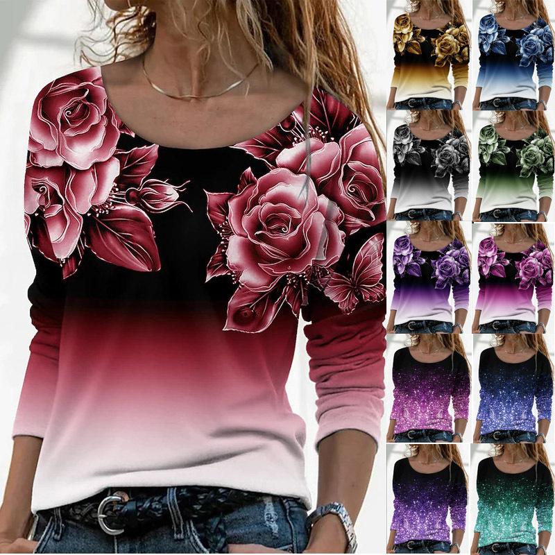 Women's Floral Print Gradient Long Sleeve Top Casual Crew Neck 3D Rose Print Tunic Shirt