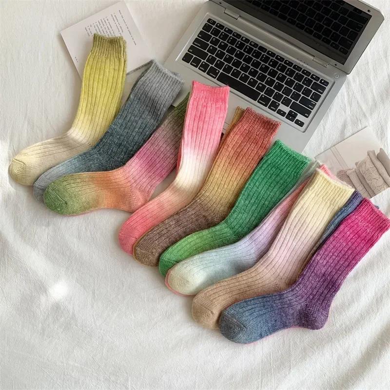Winter Thick Warm Long Socks Gradient Wool Cashmere Kawaii Socks Women Thermal Floor Sleeping Socks New Year Gift Autumn 2024