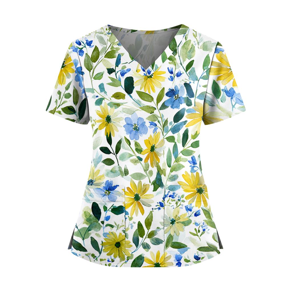 Women's floral print V-neck double pocket short-sleeved uniform/caregiver top with slits at the hem